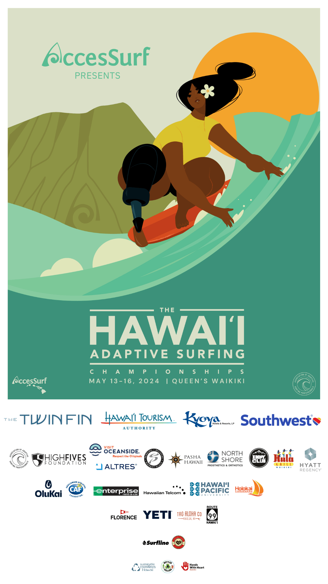 2024 Hawaii Adaptive Surfing Championships Poster with sponsor logos