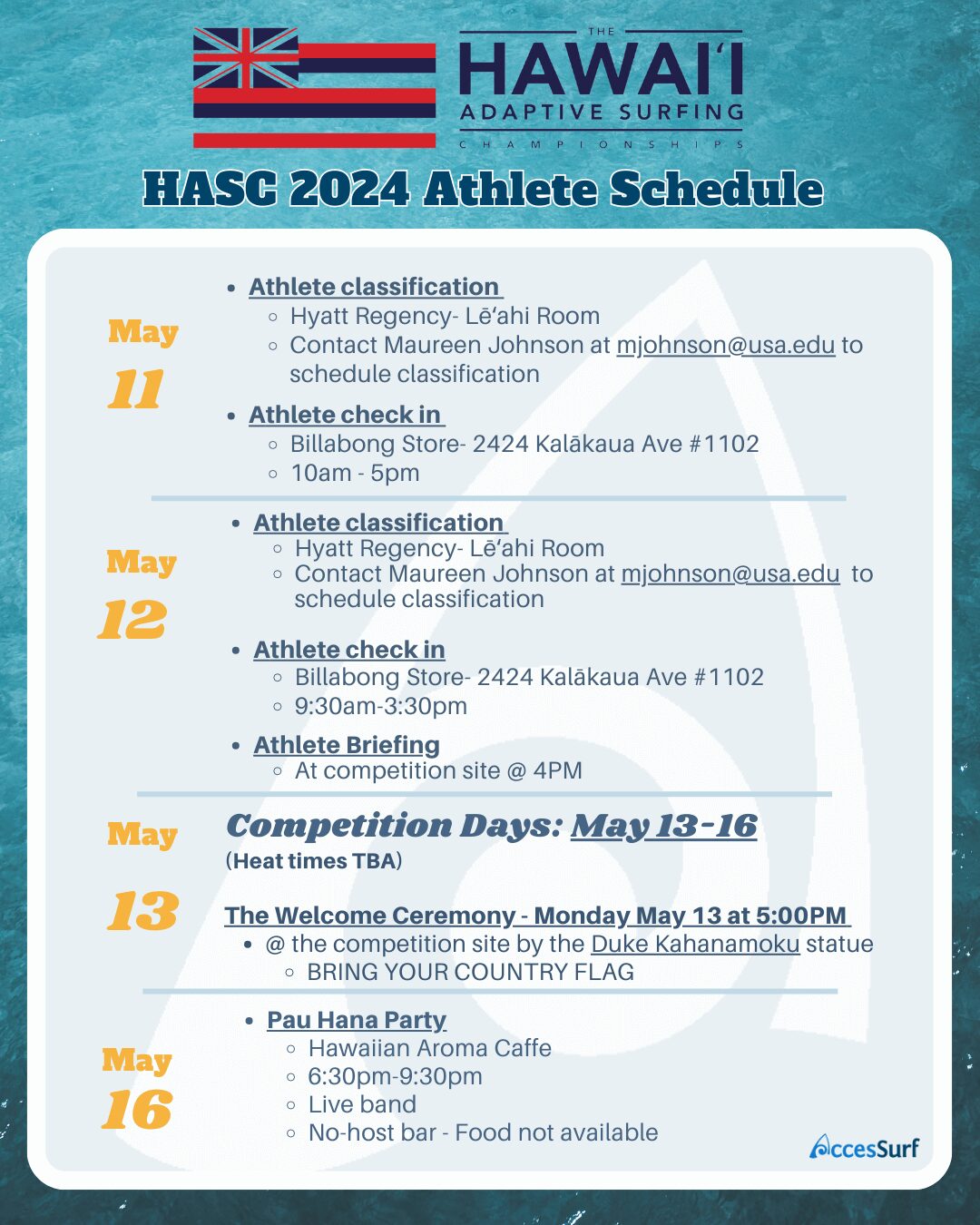 2024 Hawaii Adaptive Surfing Championships Athlete schedule