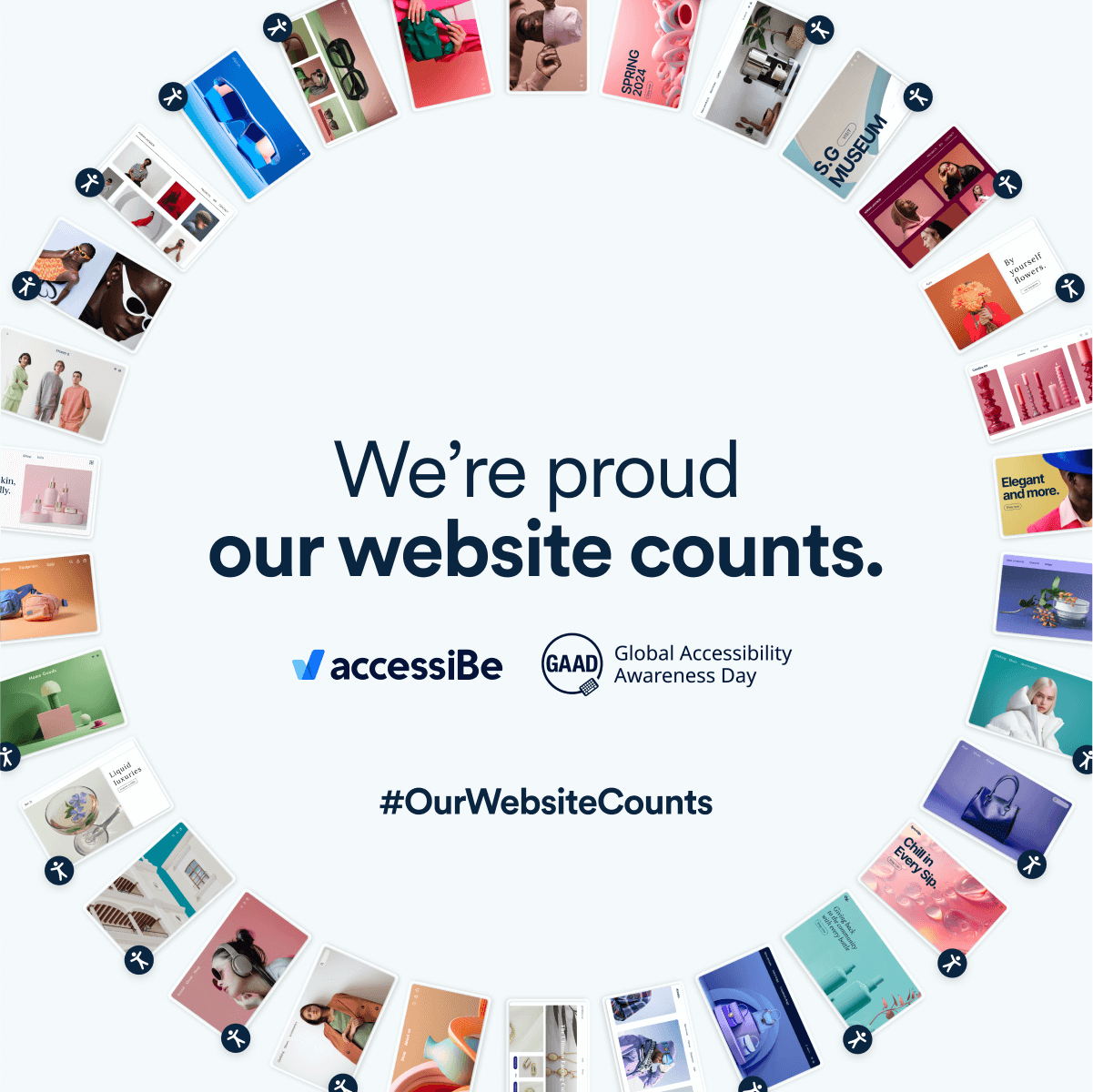 Circle of website screenshots with accessibility features encircling text 'We’re proud our website counts' with the accessiBe and GAAD logos and #OurWebsiteCounts