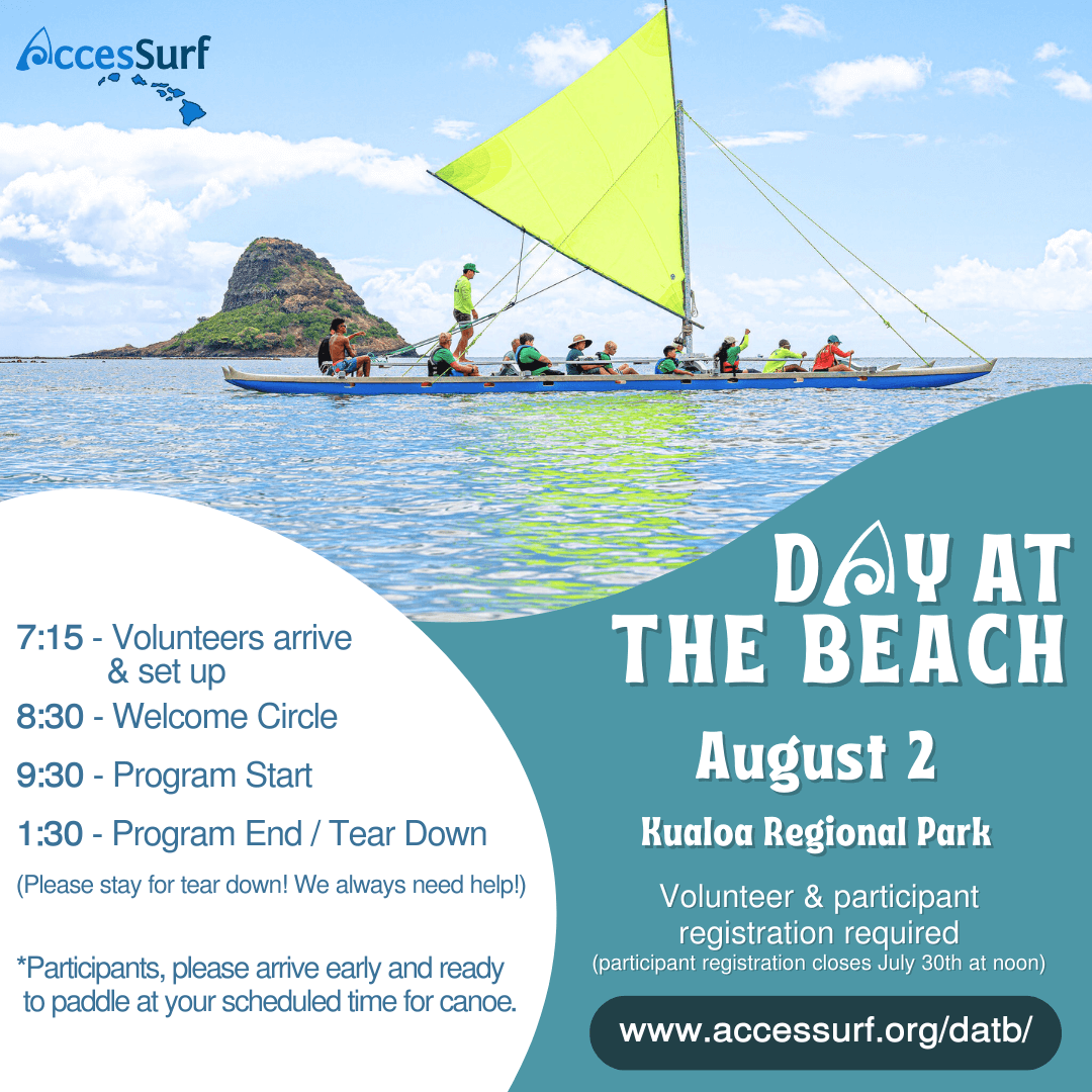 DAY AT THE BEACH August 2nd Kualoa Regional Park Volunteer & participant registration required (participant registration closes July 30th at noon) www.accessurf.org/datb 7:15 - Volunteers arrive & set up 8:30 - Welcome Circle 9:30 - Program Start 1:30 - Program End / Tear Down *Participants, please arrive early and ready to surf at your scheduled time.